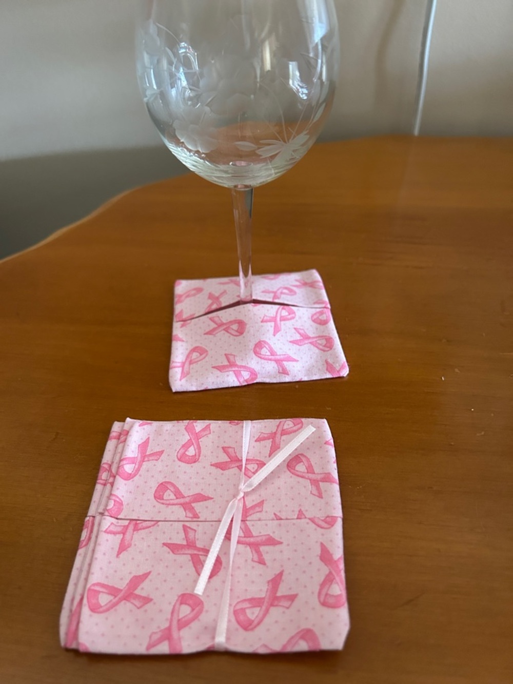 Pink Ribbon Fabric Drink Coasters - Breast Cancer Awareness